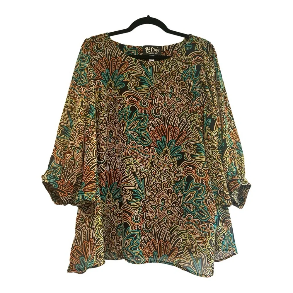 Bob Mackie Blouse Womens Plus 1X Colorful Wearable Art Batwing Dolman Lined Top - Picture 1 of 11